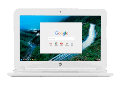 Chromebook Rentals A Chromebook with the screen powered on and showing the Google home screen