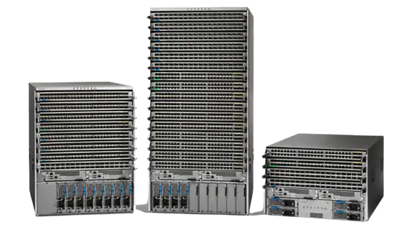 Get a Cisco Nexus N9K C9300-48UXM-A Or C9500 Switch Three different Cisco Nexus switches sit side-by-side